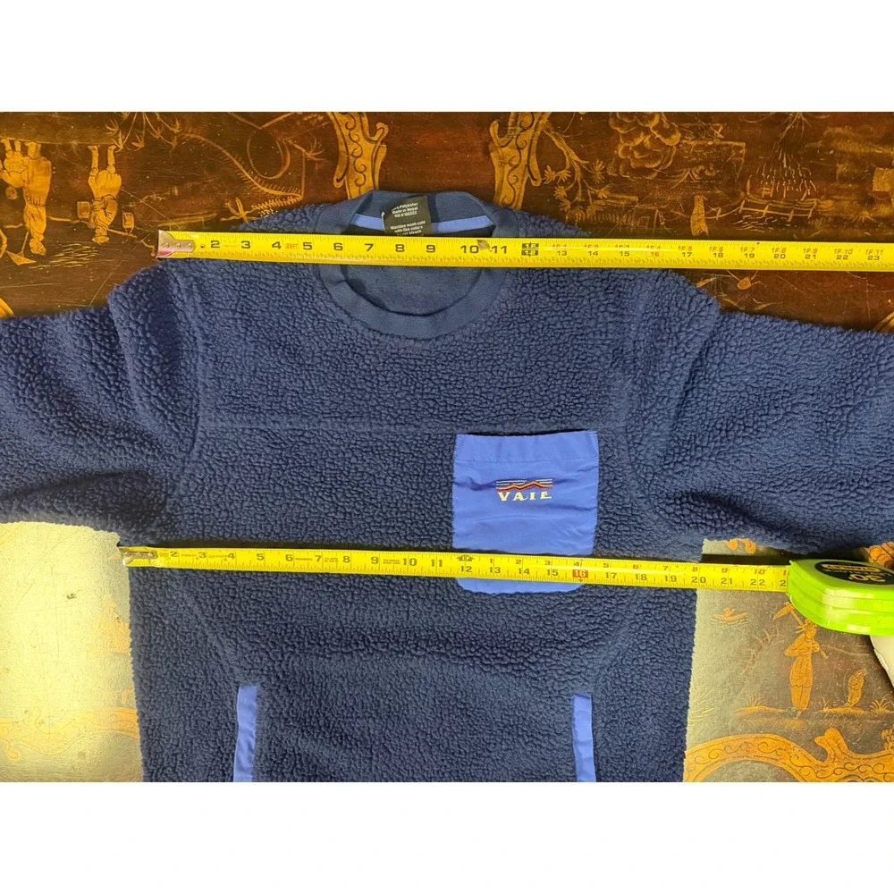 Vintage Vail Navy Blue Sherpa Teddy Fleece Crewneck Pullover Apres Ski Cabin S